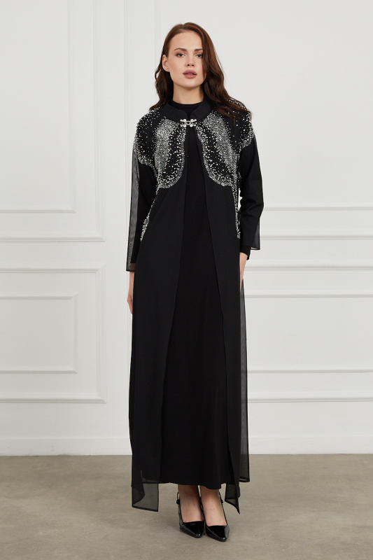 Taşlı İncili Şik Abaya SİYAH - ORHAN